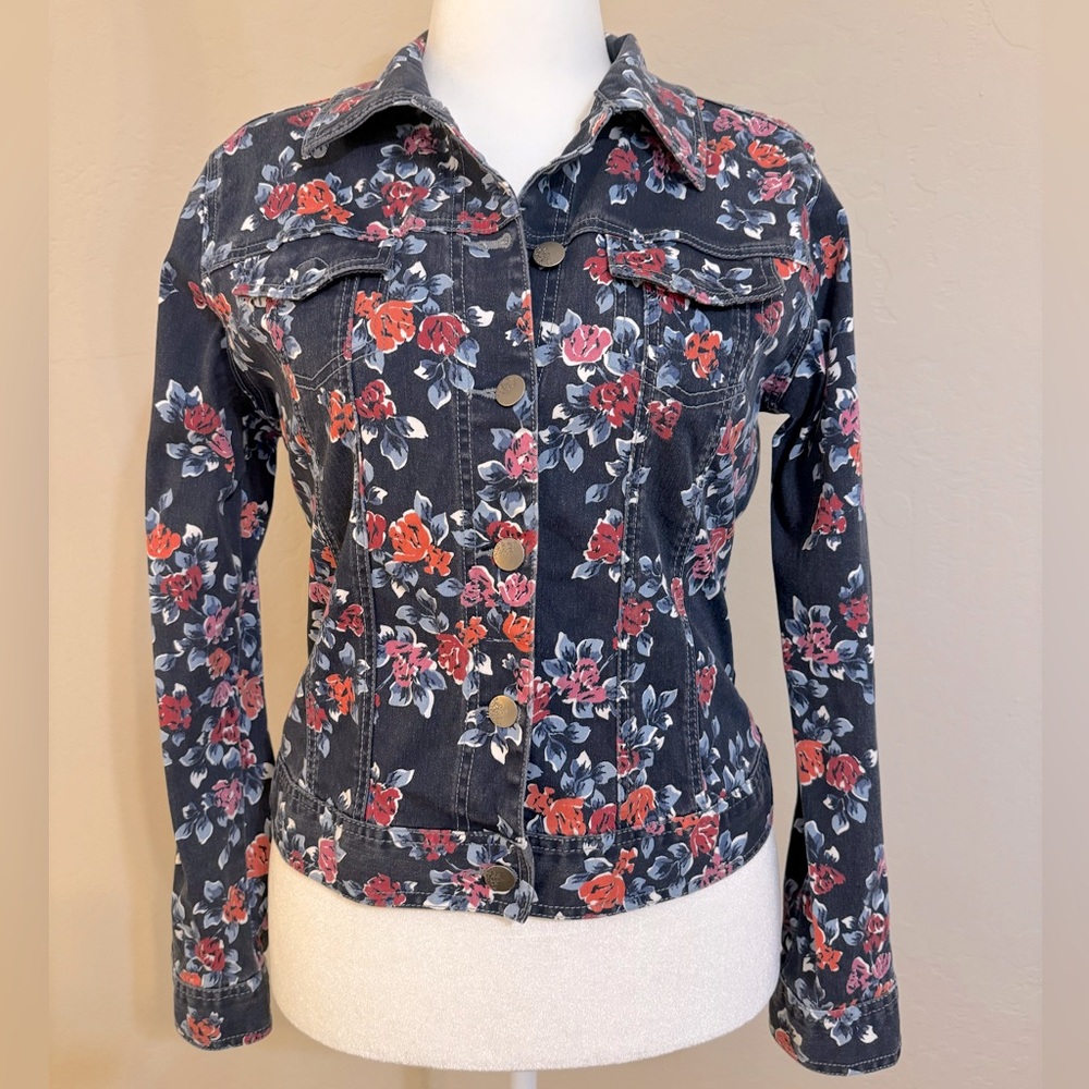 Classic Jean Jacket Navy Denim Blue w Floral Design NWOT Size Large/ 12